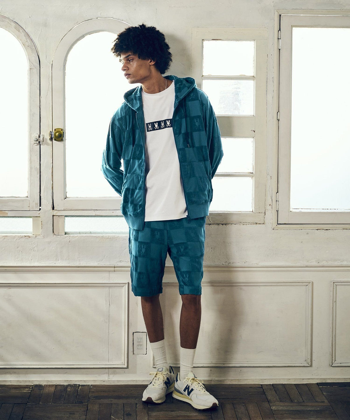 Pile jacquard plaid zip-up hoodie