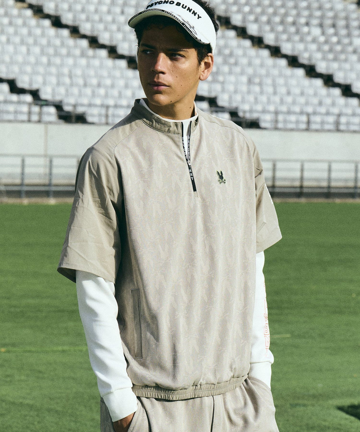 [GOLF]異素材切替シルエットバニージャガード　 ハーフジップTシャツ