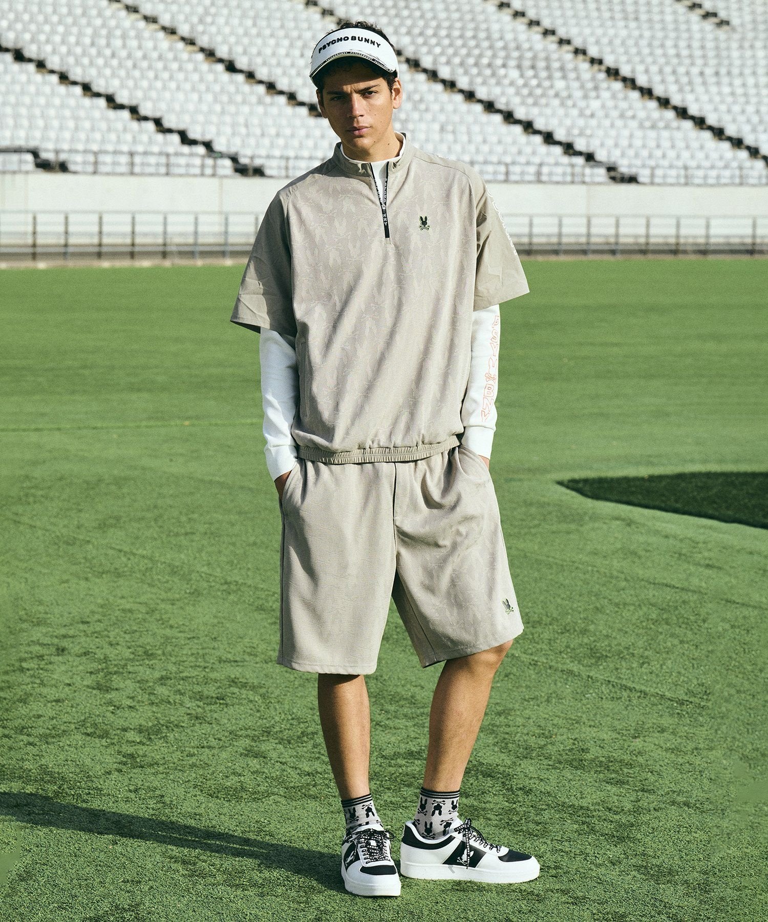 [GOLF]異素材切替シルエットバニージャガード　 ハーフジップTシャツ