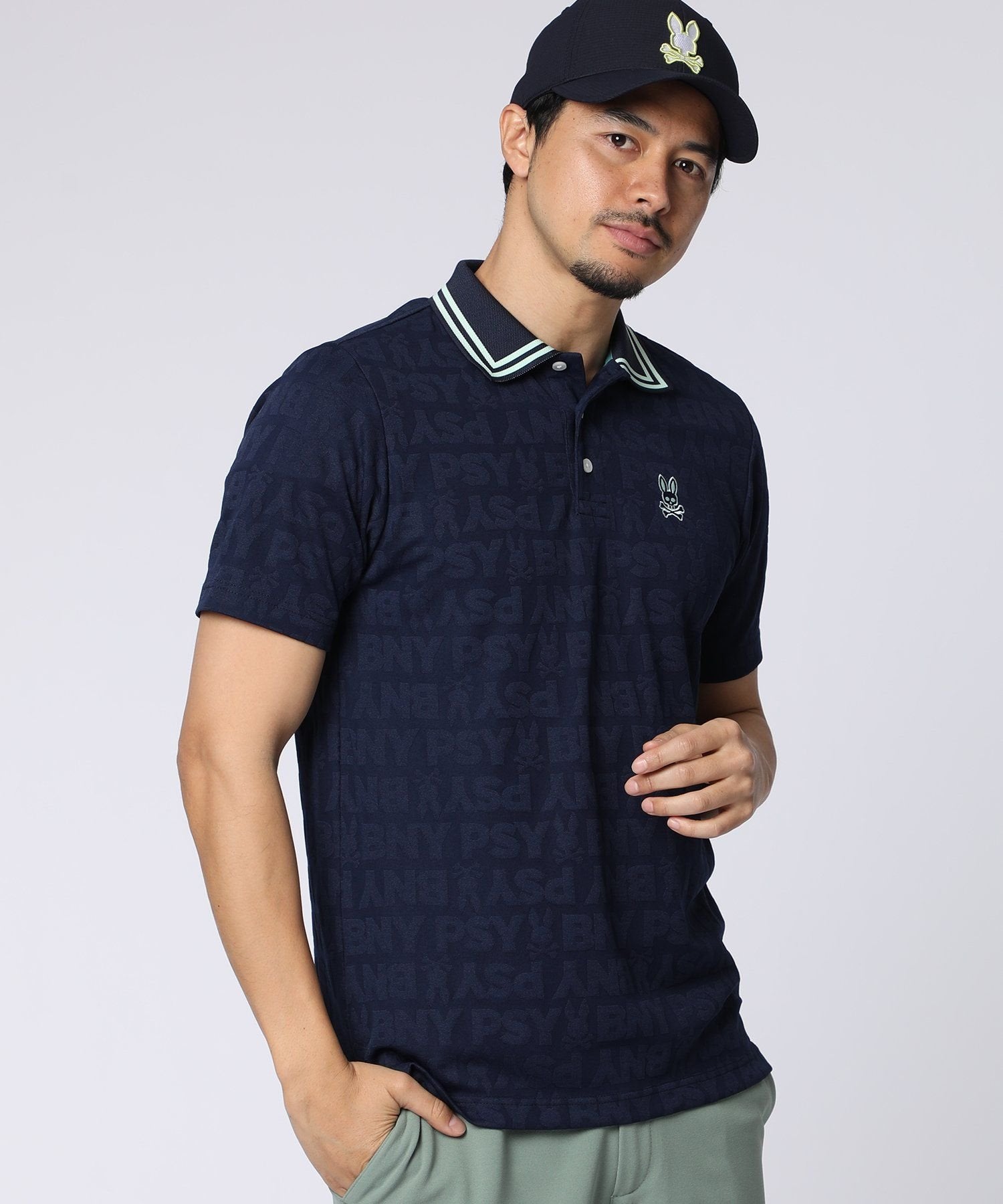 ☆新品☆Jack Bunny! FUNGOLF ポロシャツ Lネイビー速乾通気性 GOLF]オリジナルジャガード BUNNYポロシャツ