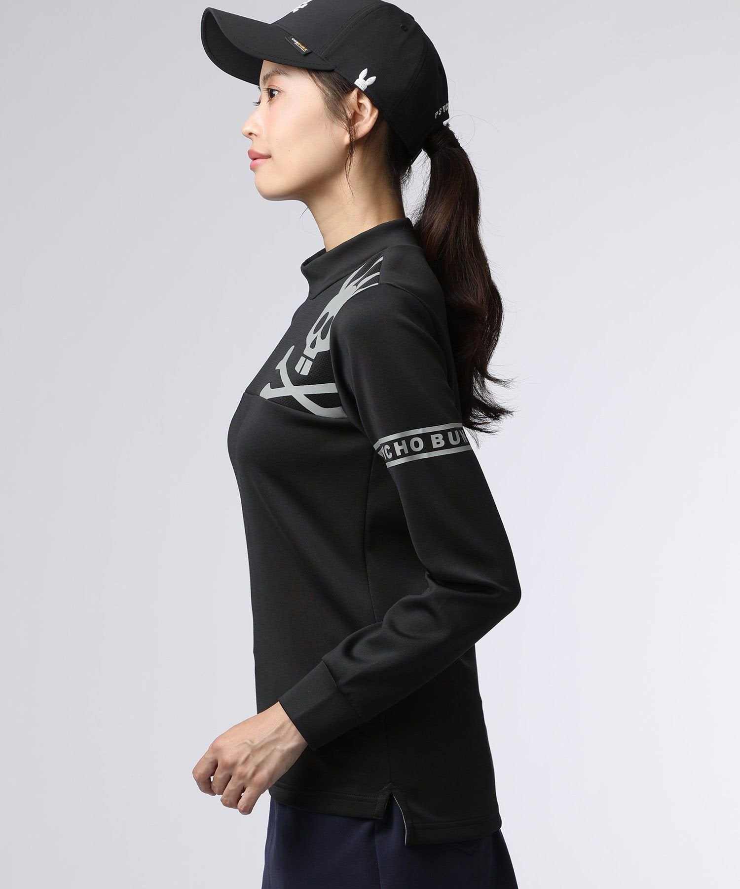美品✨8YARDS モックネック Tシャツ ブラック レディース ゴルフ GOLF][WOMEN]ラインスリーブロゴ モックネックTシャツ