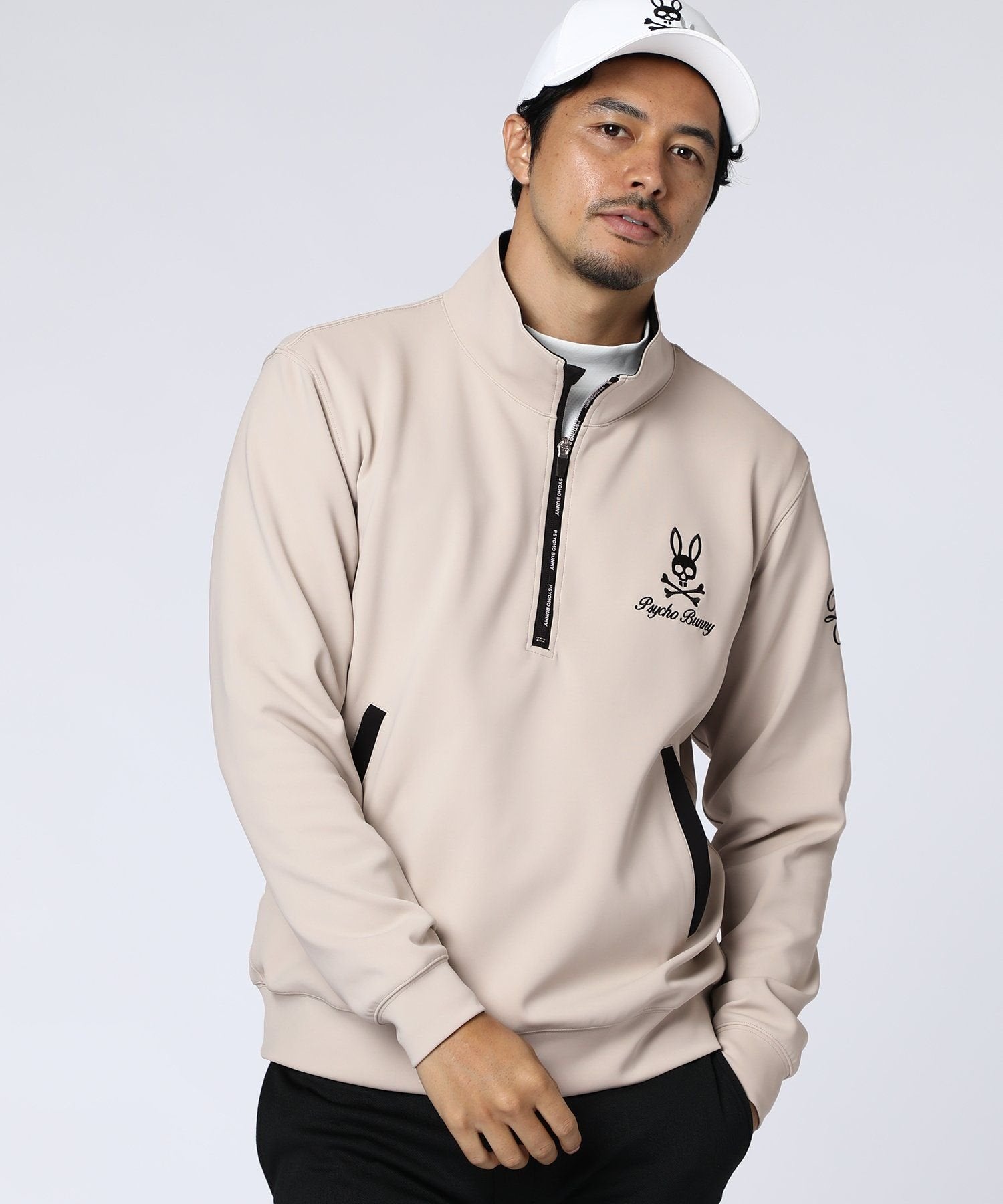 美品 23年モデル PSYCHO BUNNY ダンボールカット セットアップ GOLF]ベアダンボール ハーフZIPスタンドプルオーバー