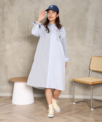 [WOMEN]ストライプパネル 　シャツワンピース