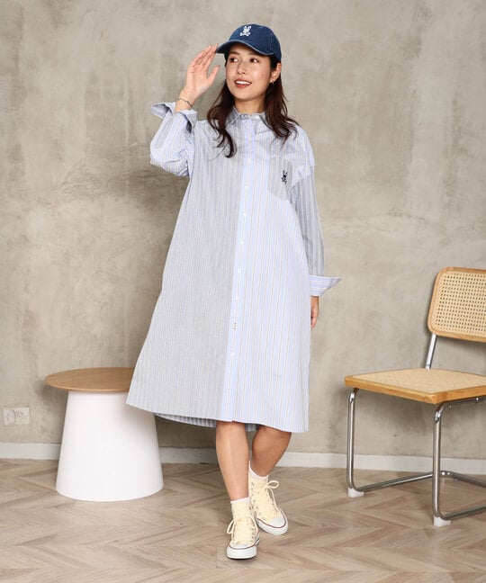 [WOMEN]ストライプパネル シャツワンピース
