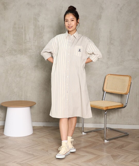 [WOMEN]ストライプパネル シャツワンピース