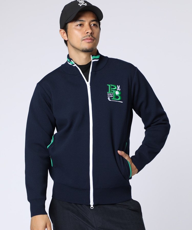 PAPAS PLUS GOLF ニット ジップ カーディガン ワッペン ネイビー GOLF]ゴルフクラブ フルジップニットカーディガン｜Psycho Bunny