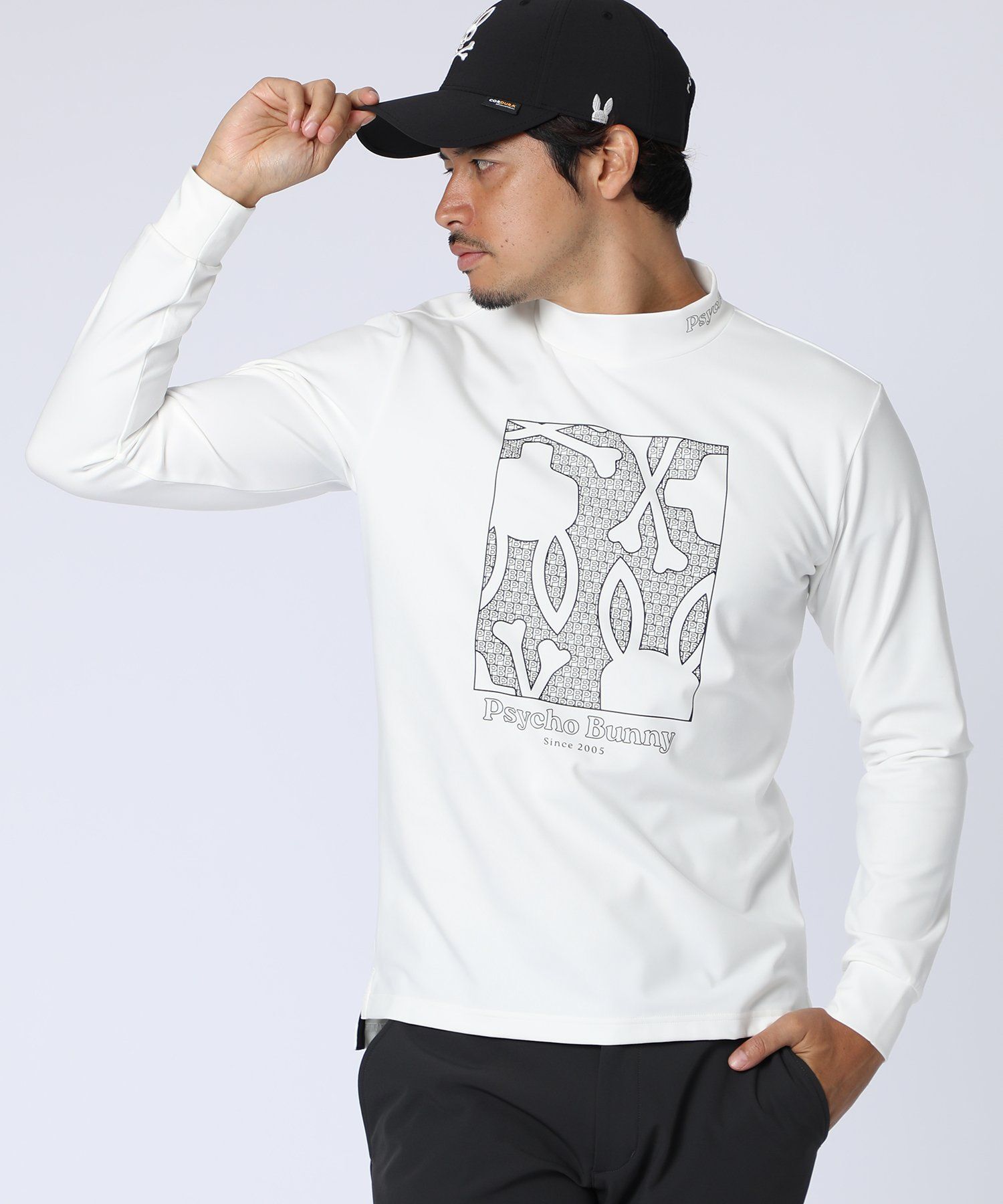 モックネックシャツ〔総柄アート〕【L寸】ホワイト　サイコバニー　gf649 GOLF]オリジナル総柄アートワーク モックネックTシャツ｜Psycho Bunny