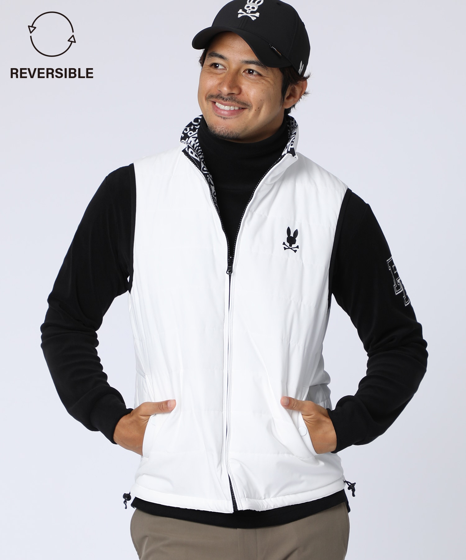 GOLF]総柄フォントロゴ リバーシブルベスト｜Psycho Bunny｜サイコ