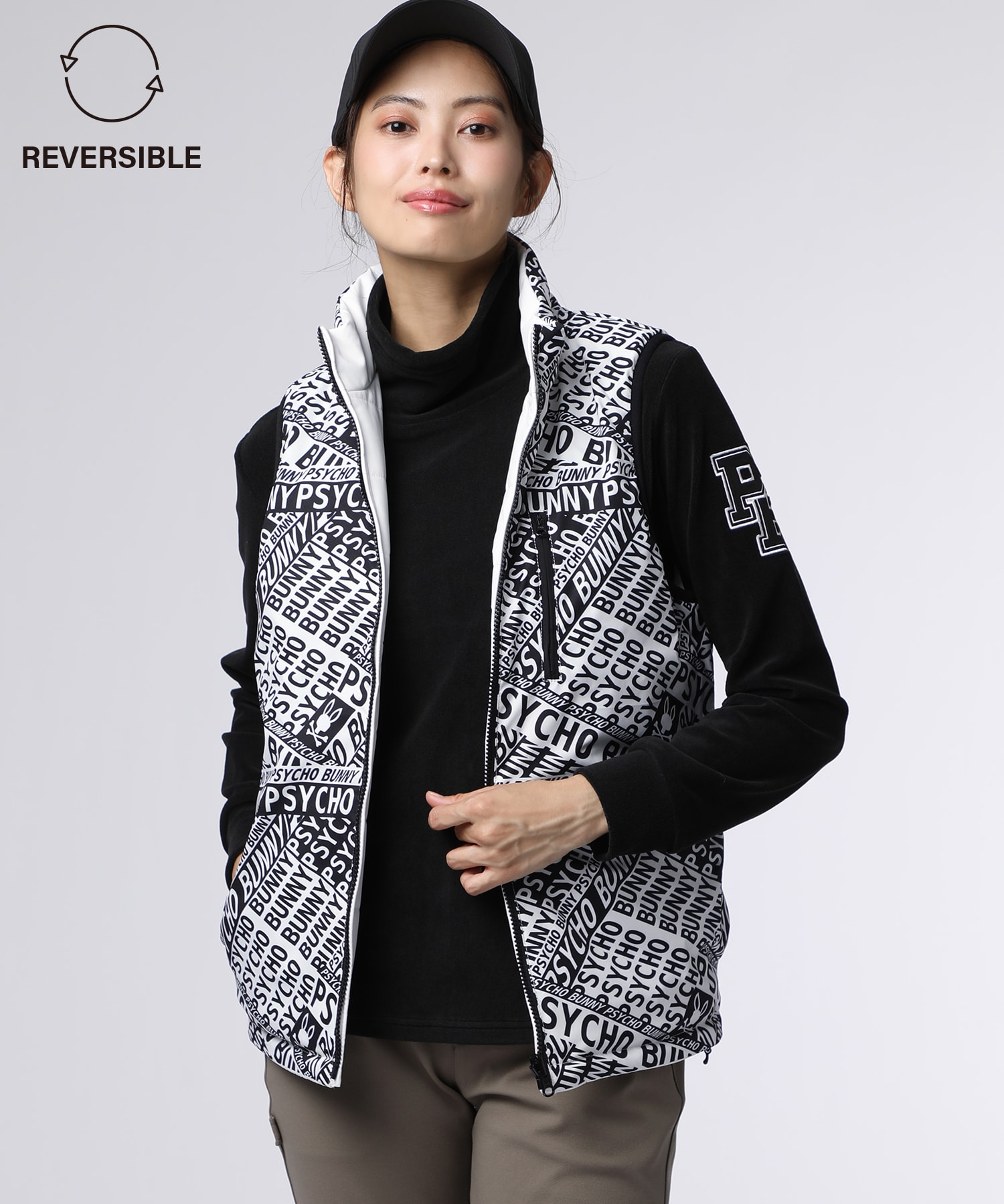 GOLF][WOMEN]総柄フォントロゴリバーシブルベスト｜Psycho Bunny