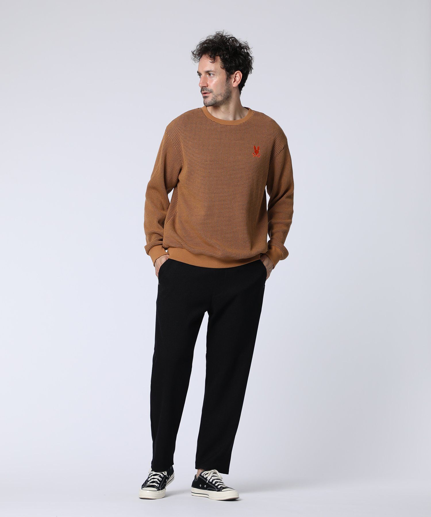 MM6ワッフルスウェット MM6 Maison Margiela: ブラック コットン ワイドレッグ スウェット