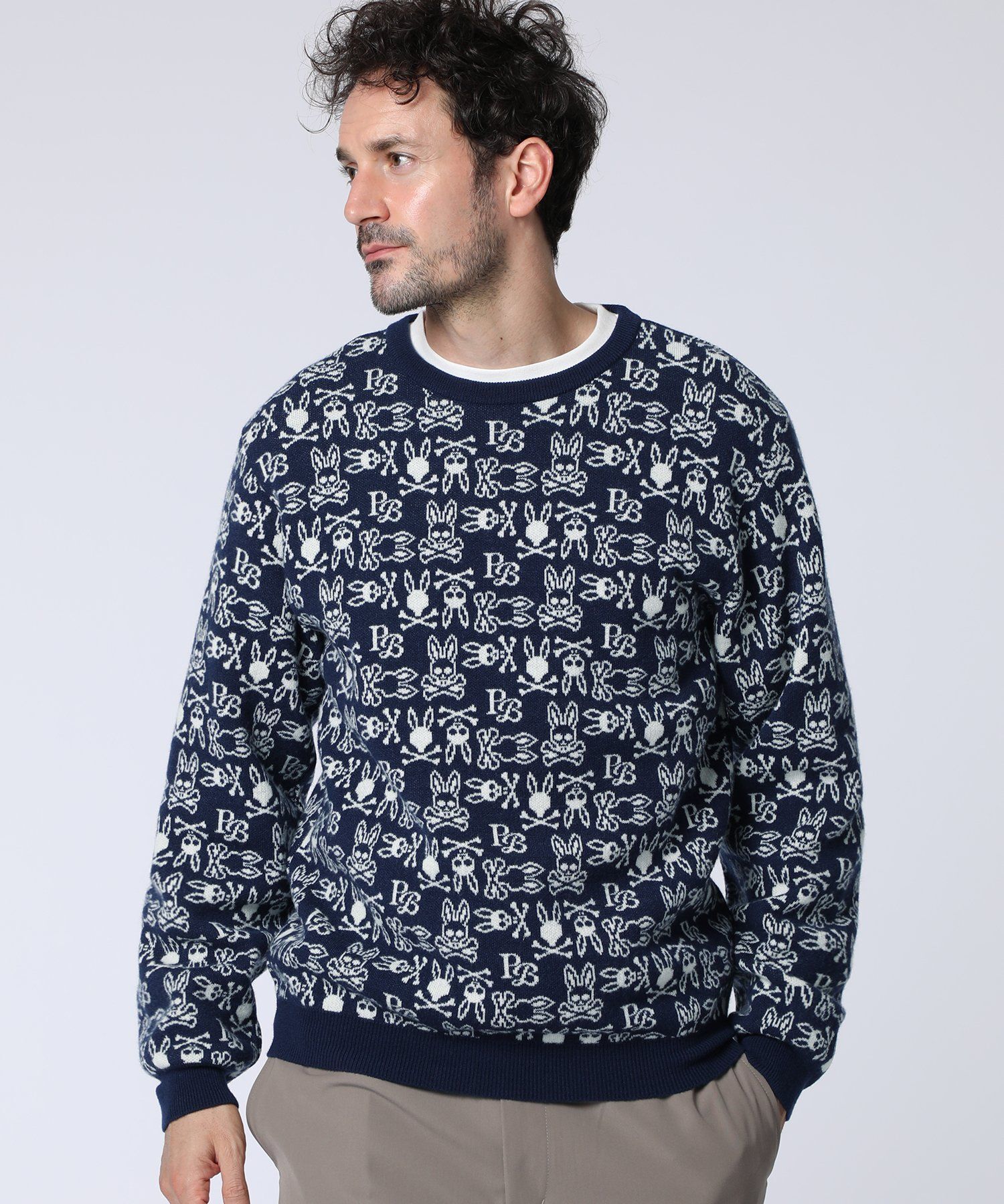 【美品】サイコバニー ジャガードバニー クルーネック ニット M オリジナルジャガード クルーネック総柄ニット｜Psycho Bunny｜サイコ