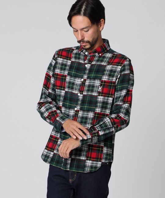 タータンチェック パッチワークシャツ