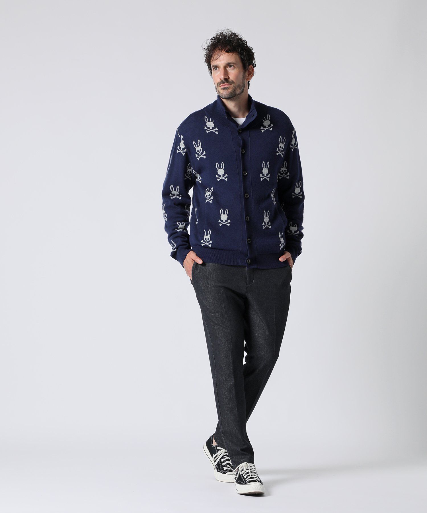 サイコバニー　ジップ　ニットジャケット　蓄熱　スカルラビット　クリーム　Mサイズ バニーロゴパターン スタンドカラーニット｜Psycho Bunny｜サイコ