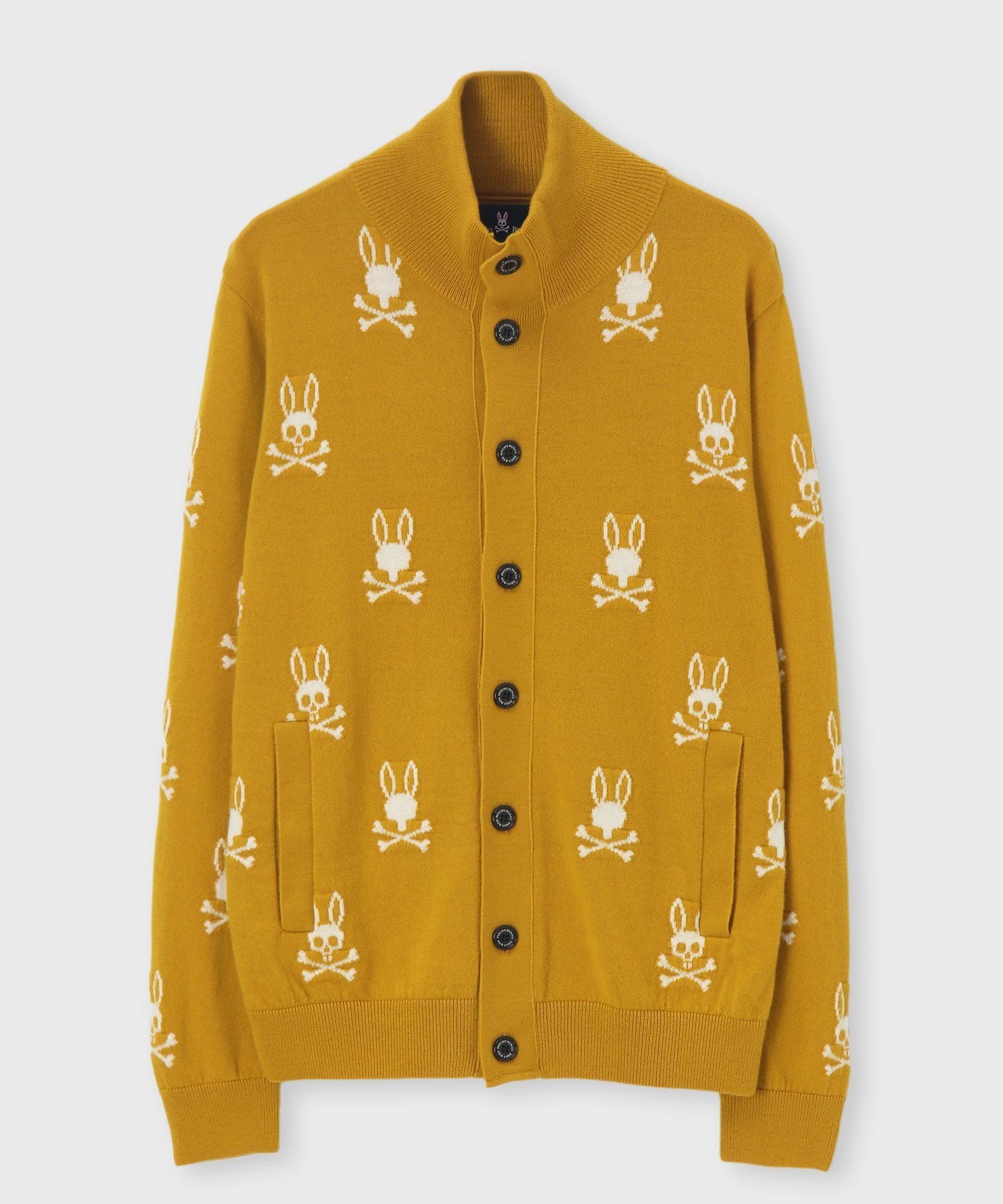 サイコバニー　ジップ　ニットジャケット　蓄熱　スカルラビット　クリーム　Mサイズ バニーロゴパターン スタンドカラーニット｜Psycho Bunny｜サイコ