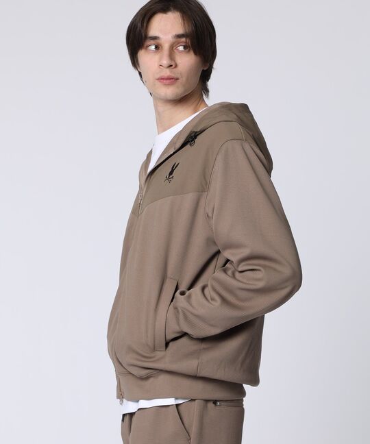 異素材切替 ワッフルストレッチパーカ