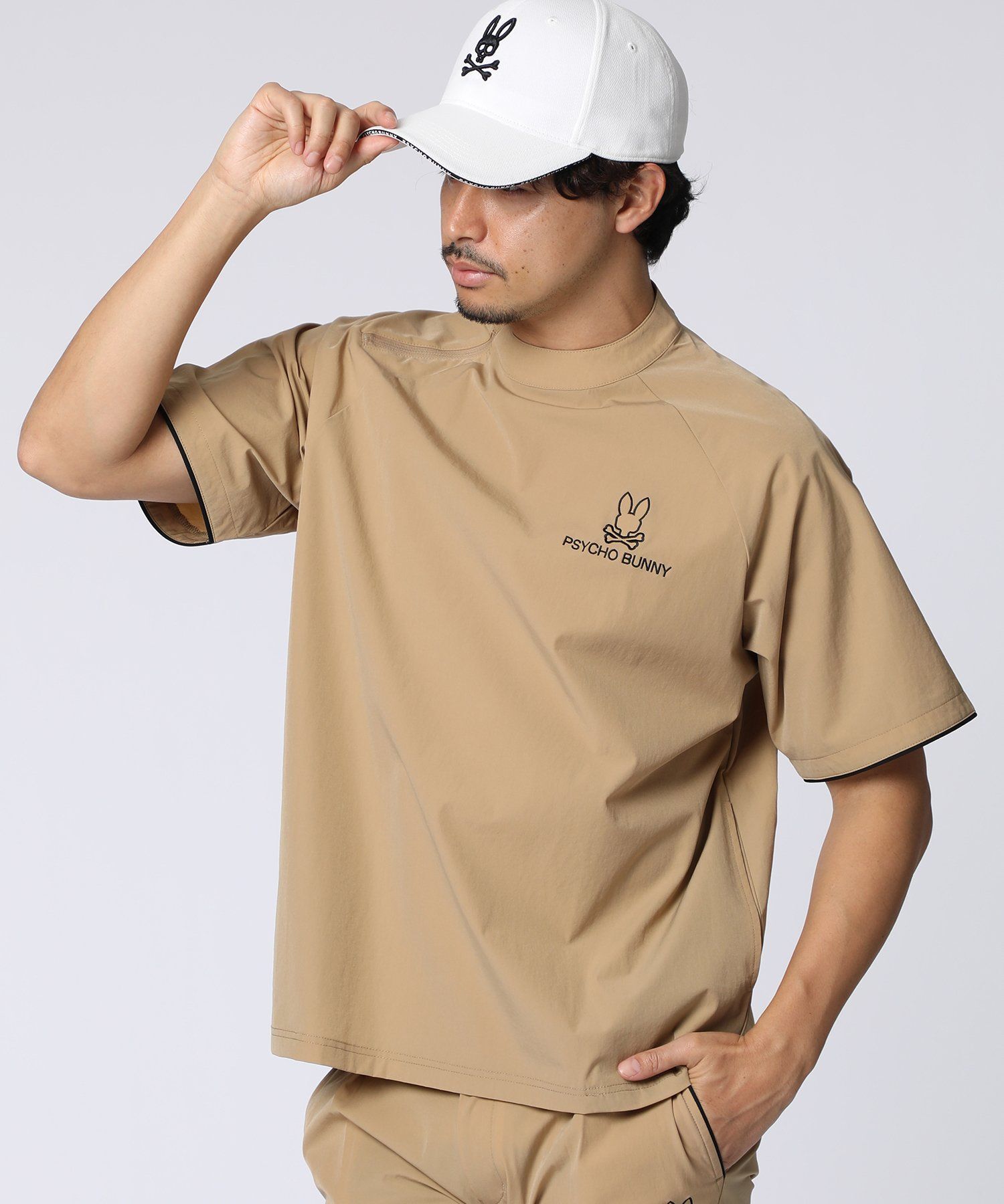 GOLF]パイピングライン ナイロンショルダージップラグランTシャツ