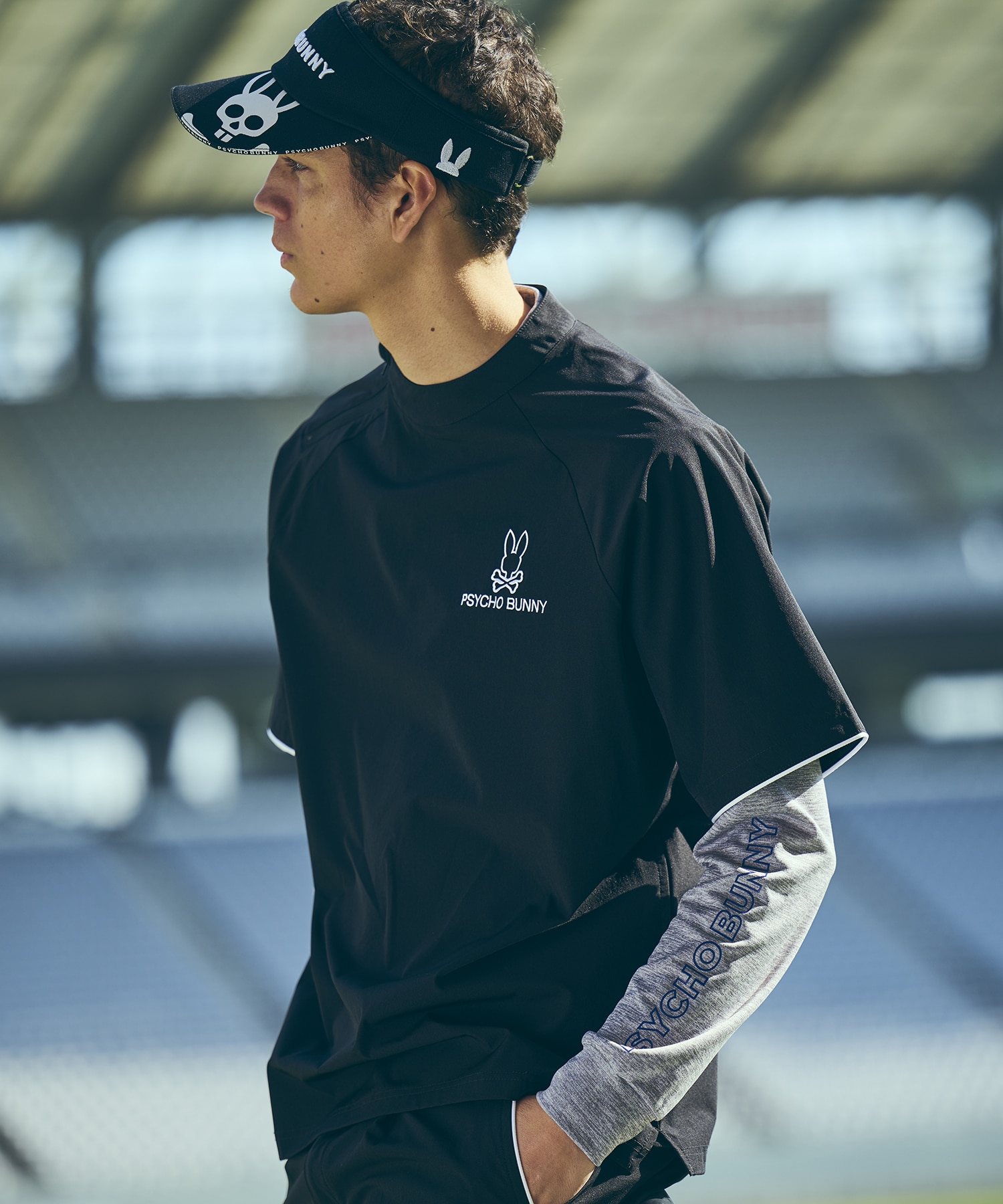 GOLF]パイピングライン ナイロンショルダージップラグランTシャツ