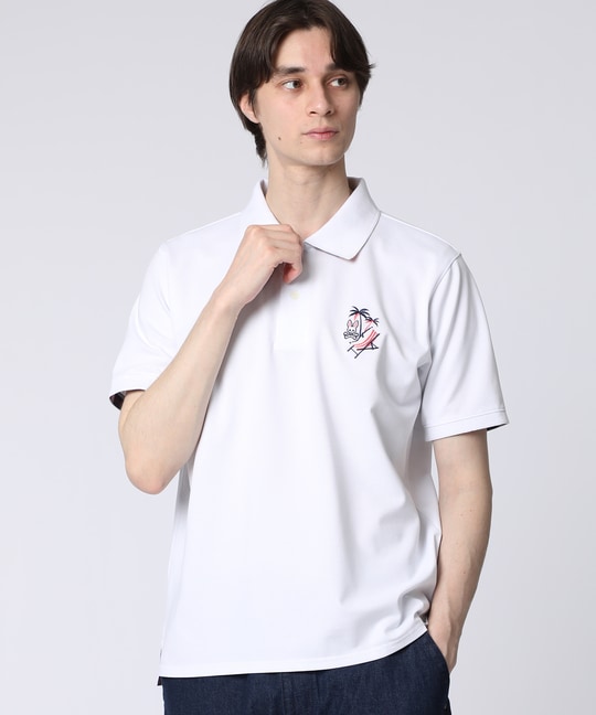 トロピカルアートワーク 襟裏チェック刺繍ポロシャツ