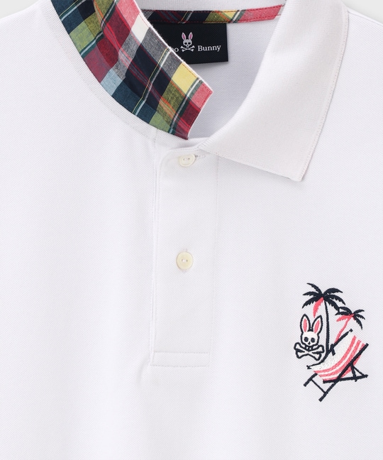 トロピカルアートワーク 襟裏チェック刺繍ポロシャツ