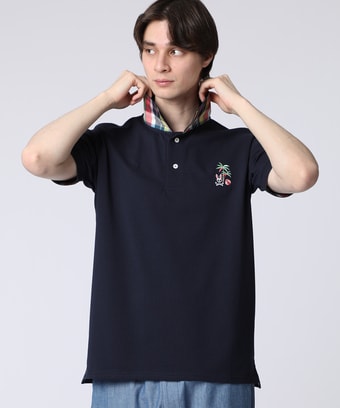 トロピカルアートワーク 襟裏チェック刺繍ポロシャツ