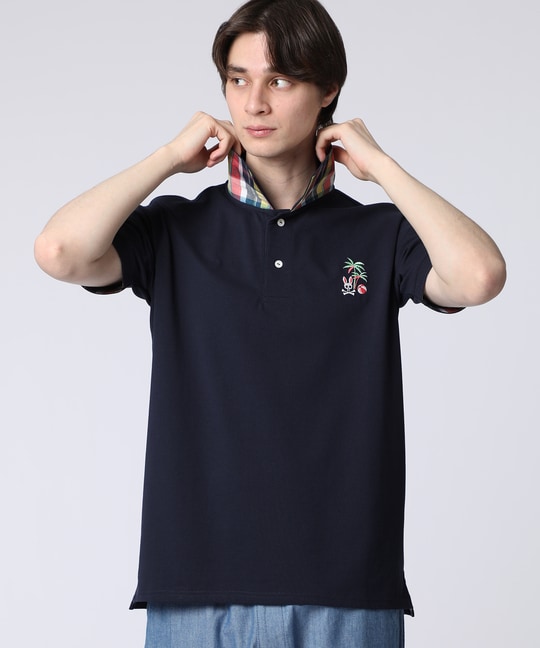 トロピカルアートワーク 襟裏チェック刺繍ポロシャツ