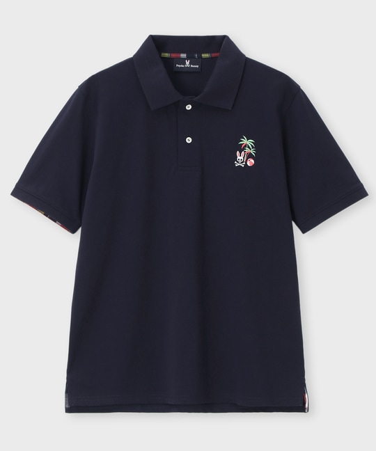 トロピカルアートワーク 襟裏チェック刺繍ポロシャツ