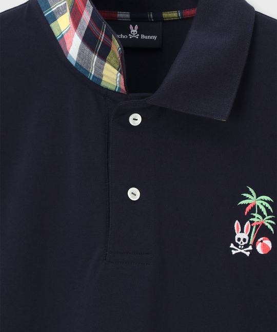 トロピカルアートワーク 襟裏チェック刺繍ポロシャツ