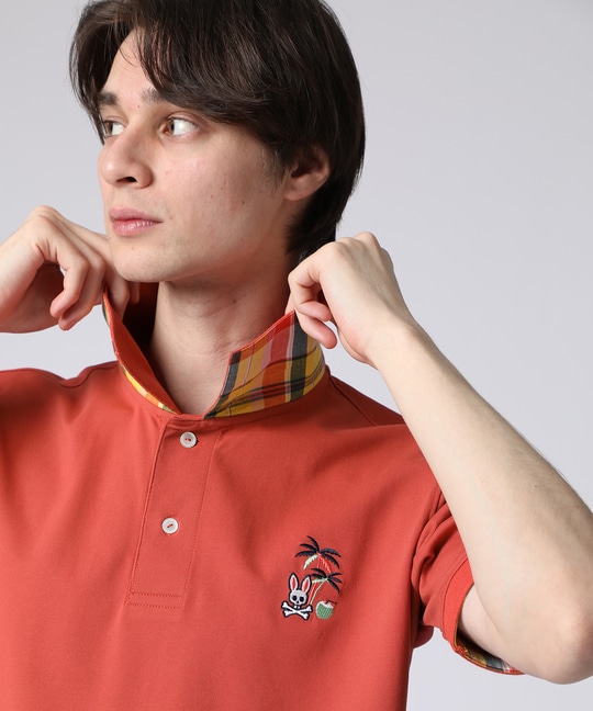 トロピカルアートワーク 襟裏チェック刺繍ポロシャツ