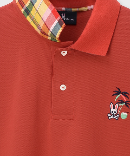 トロピカルアートワーク 襟裏チェック刺繍ポロシャツ