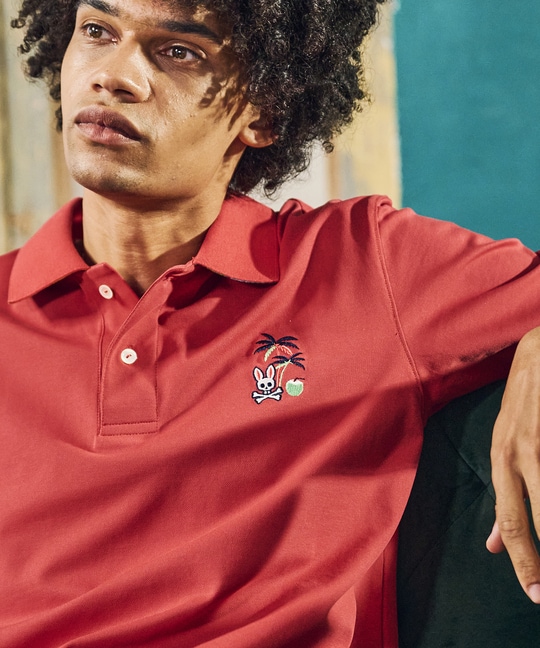 トロピカルアートワーク 襟裏チェック刺繍ポロシャツ