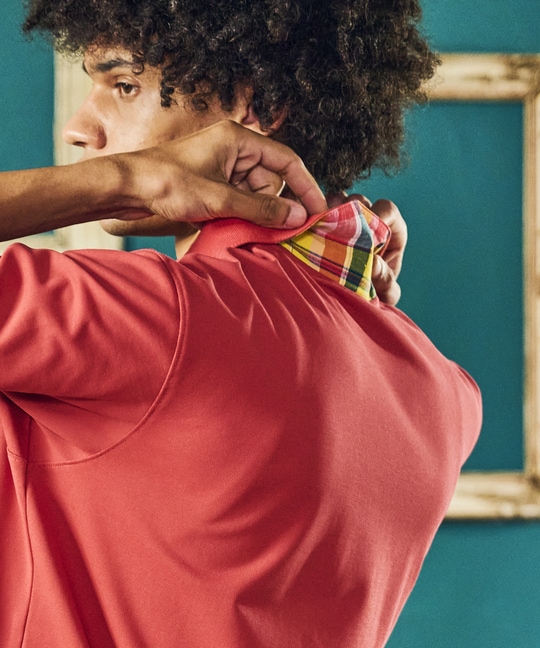 トロピカルアートワーク 襟裏チェック刺繍ポロシャツ