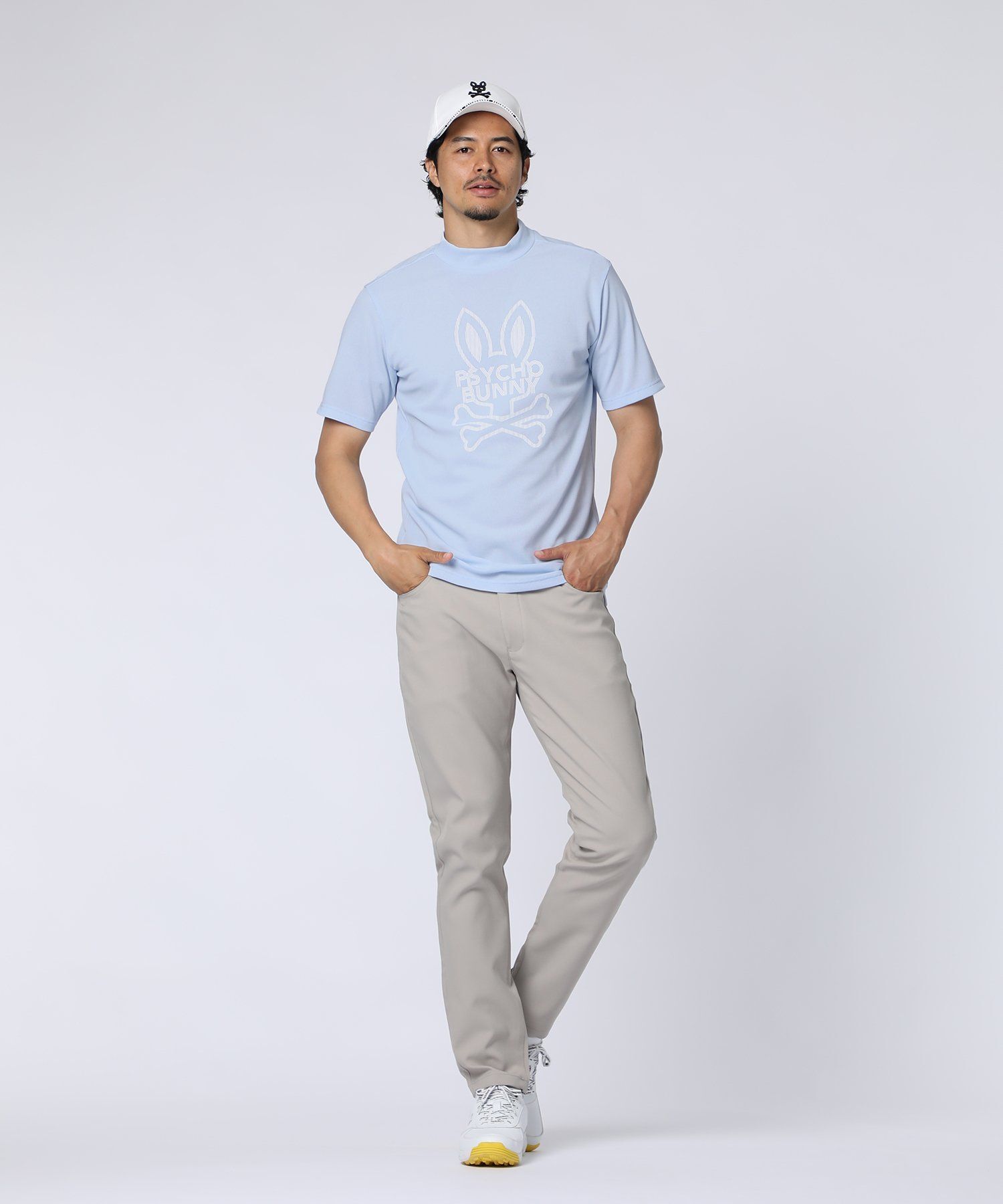 【日本製】青白ストライプ モックネックシャツ PG 89 GOLF]ビッグラインロゴ ドライミニワッフル モックネックTシャツ
