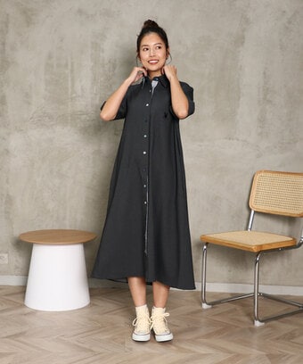 [WOMEN]デニムライク ストレッチ 　シャツワンピース
