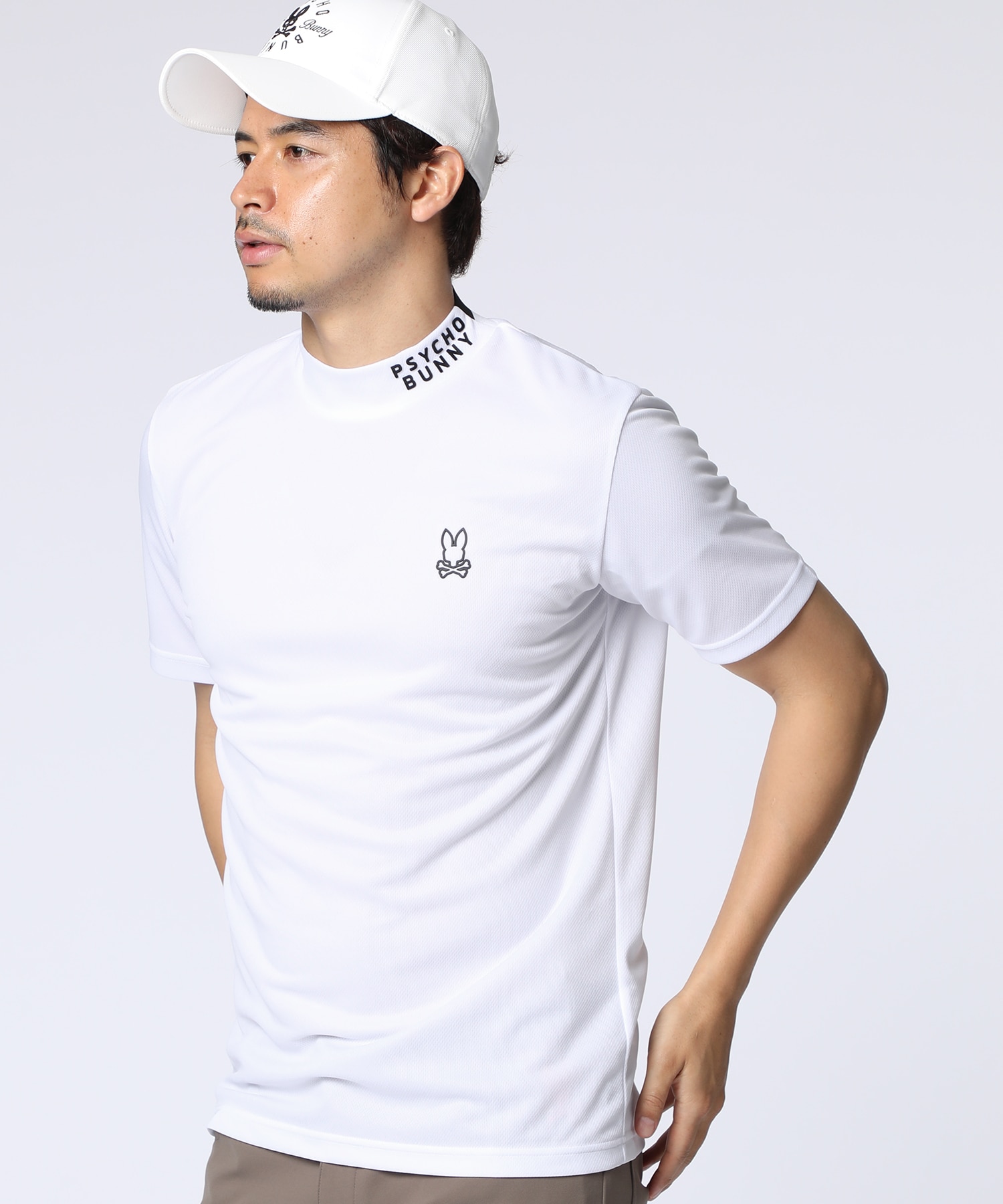 新品Psycho Bunny(サイコバニー)メンズ半袖モックネックシャツホワイト GOLF]ラバーロゴ 半袖モックネックTシャツ｜Psycho Bunny｜サイコ