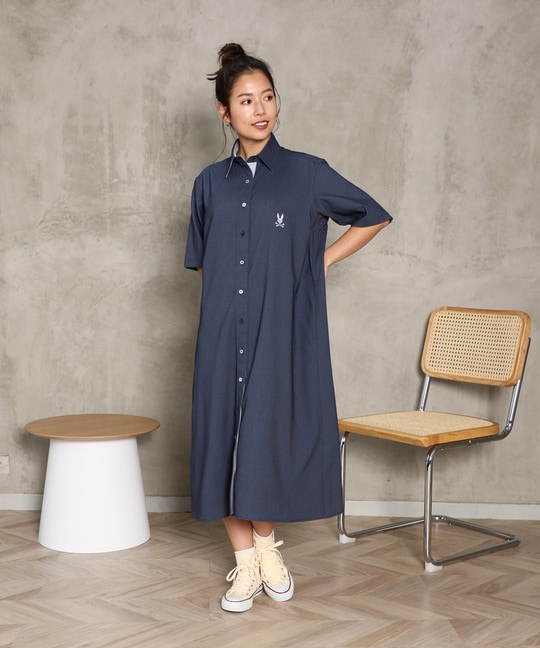 [WOMEN]デニムライク ストレッチ シャツワンピース